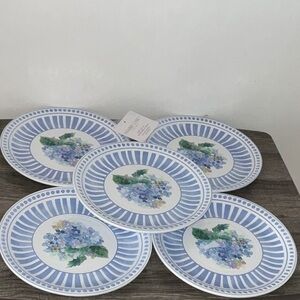 SHABBY CHIC MELAMINE BLUE HYDRANGEAS FIVE 9” SALAD PLATES NWT
